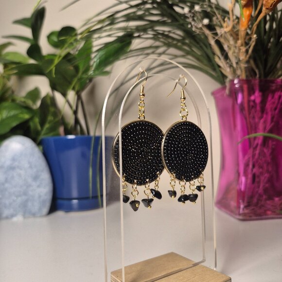 Upcycled Black & Gold Hoops w/ Black Agate and 18K Fishhook Earrings - Picture 4 of 5